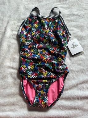 Uglies Girls' Black Multicolor Heart One-Piece Swimsuit